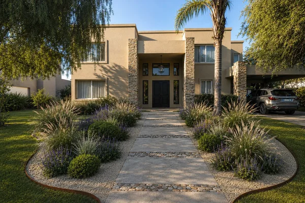 Render del frente de una casa con sendero de piedra entre macizos de lavanda y pastos ornamentales