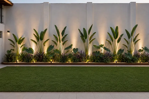 Render nocturno de un muro blanco con plantas de hoja grande iluminadas desde el piso sobre césped